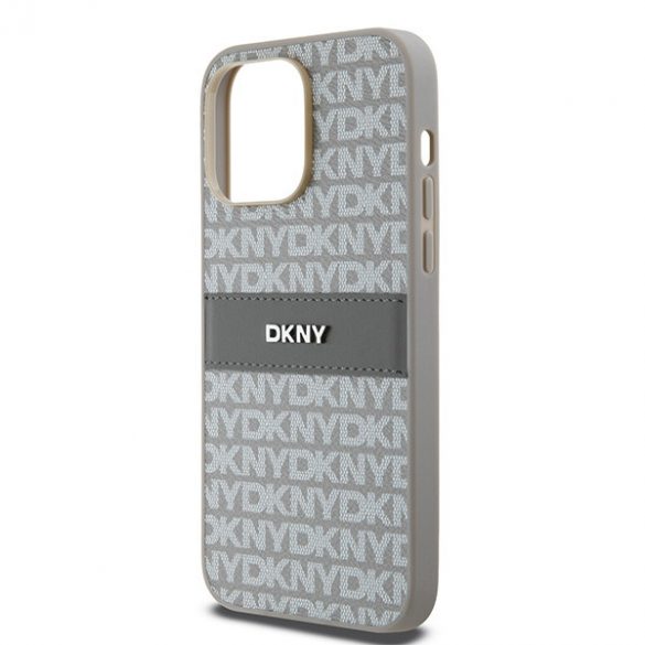 DKNY DKHCP14LPRTHSLE iPhone 14 Pro 6,1" husă rigidă beżow/bej piele cu dungi mono și logo metalic