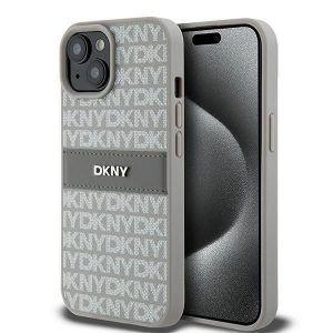 DKNY DKHCP15MPRTHSLE iPhone 15 Plus / 14 Plus 6.7" beżowy/bej husă rigidă din piele cu dungi mono și logo metalic