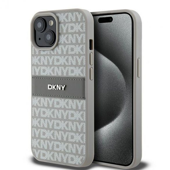 DKNY DKHCP15MPRTHSLE iPhone 15 Plus / 14 Plus 6.7" beżowy/bej husă rigidă din piele cu dungi mono și logo metalic