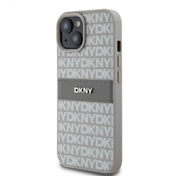 DKNY DKHCP15MPRTHSLE iPhone 15 Plus / 14 Plus 6.7" beżowy/bej husă rigidă din piele cu dungi mono și logo metalic