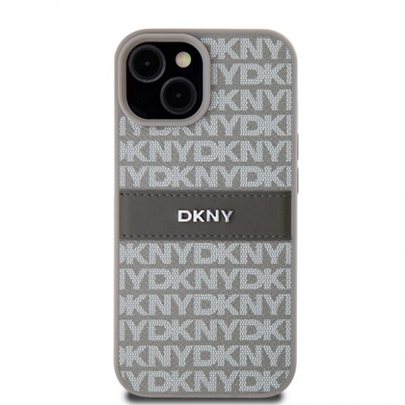 DKNY DKHCP15MPRTHSLE iPhone 15 Plus / 14 Plus 6.7" beżowy/bej husă rigidă din piele cu dungi mono și logo metalic