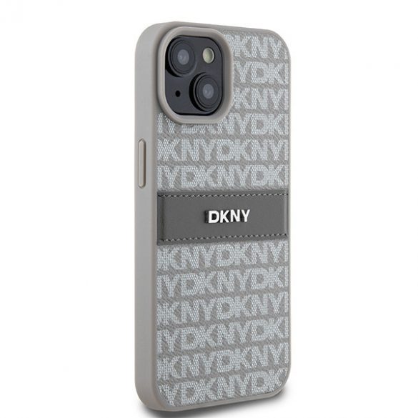 DKNY DKHCP15MPRTHSLE iPhone 15 Plus / 14 Plus 6.7" beżowy/bej husă rigidă din piele cu dungi mono și logo metalic