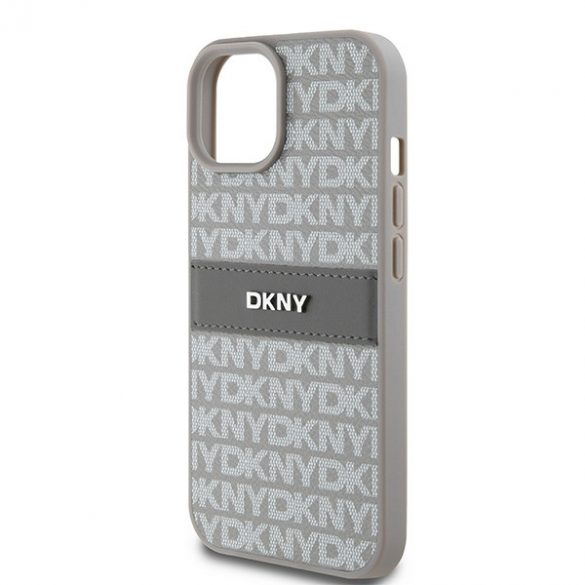 DKNY DKHCP15MPRTHSLE iPhone 15 Plus / 14 Plus 6.7" beżowy/bej husă rigidă din piele cu dungi mono și logo metalic