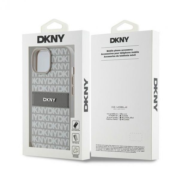 DKNY DKHCP15MPRTHSLE iPhone 15 Plus / 14 Plus 6.7" beżowy/bej husă rigidă din piele cu dungi mono și logo metalic