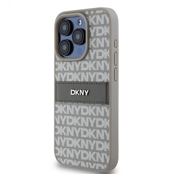 DKNY DKHCP15LPRTHSLE iPhone 15 Pro 6,1 inchi, beżowy/bej, husă rigidă din piele cu dungi mono și logo metalic