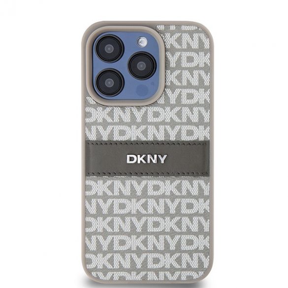 DKNY DKHCP15XPRTHSLE iPhone 15 Pro Max 6,7 inchi, beżowy/bej, husă rigidă din piele cu dungi mono și logo metalic