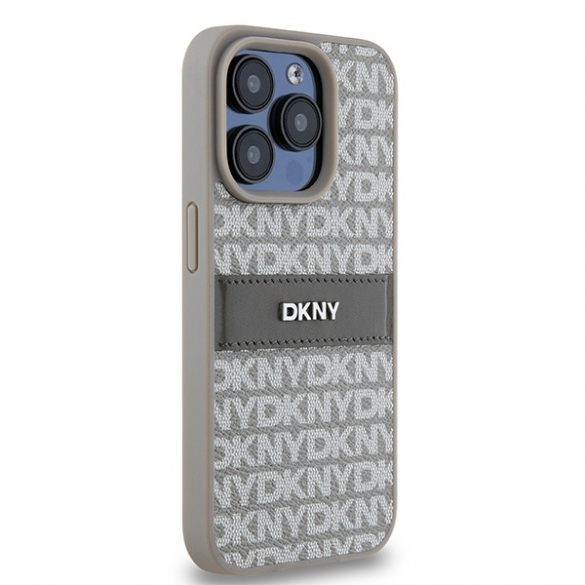 DKNY DKHCP15XPRTHSLE iPhone 15 Pro Max 6,7 inchi, beżowy/bej, husă rigidă din piele cu dungi mono și logo metalic