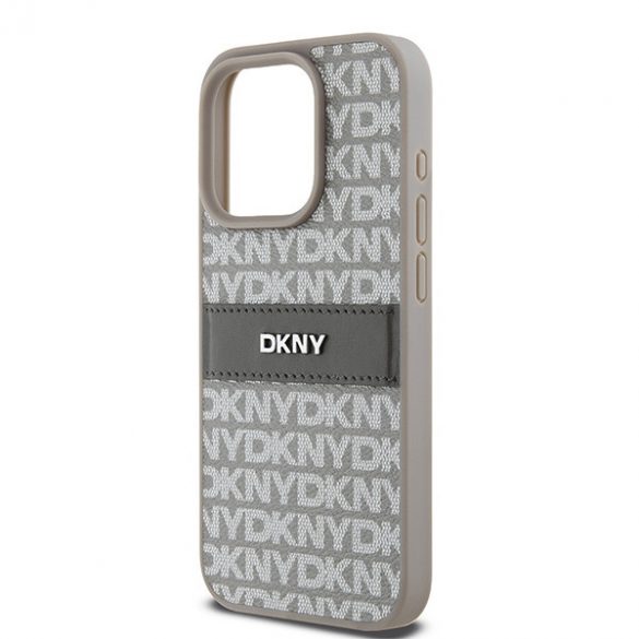 DKNY DKHCP15XPRTHSLE iPhone 15 Pro Max 6,7 inchi, beżowy/bej, husă rigidă din piele cu dungi mono și logo metalic