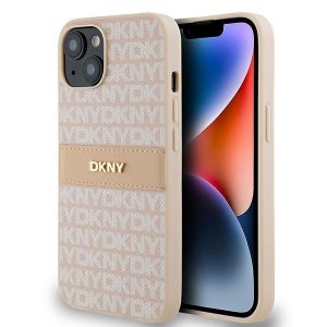 DKNY DKHCP14SPRTHSLP iPhone 14 / 15 / 13 6,1" husă rigidă rożowy/roz din piele cu dungi mono și logo metalic