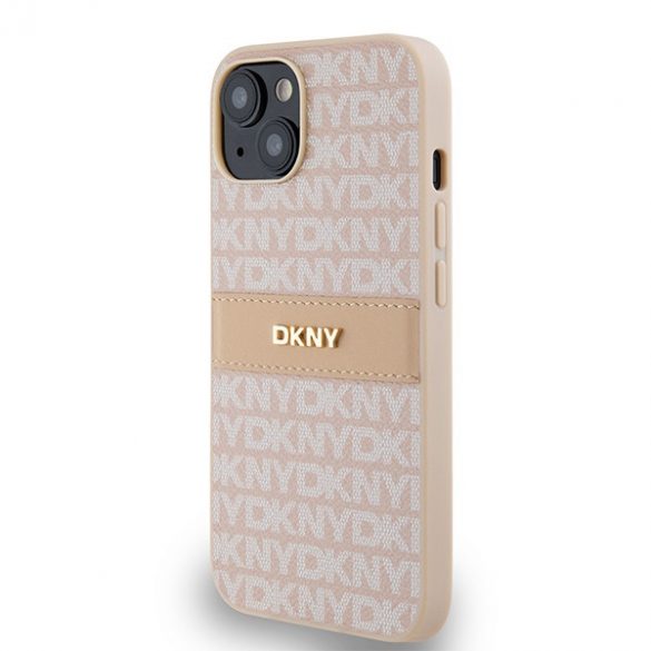 DKNY DKHCP14SPRTHSLP iPhone 14 / 15 / 13 6,1" husă rigidă rożowy/roz din piele cu dungi mono și logo metalic