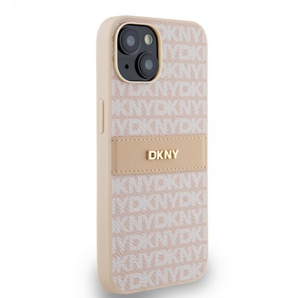 DKNY DKHCP14SPRTHSLP iPhone 14 / 15 / 13 6,1" husă rigidă rożowy/roz din piele cu dungi mono și logo metalic