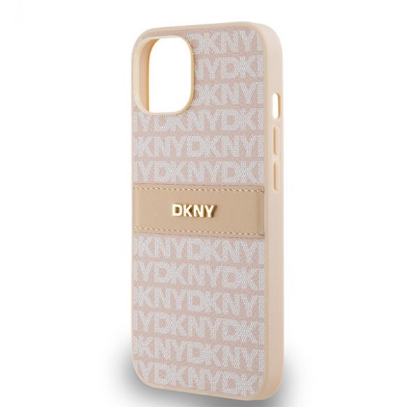 DKNY DKHCP14SPRTHSLP iPhone 14 / 15 / 13 6,1" husă rigidă rożowy/roz din piele cu dungi mono și logo metalic