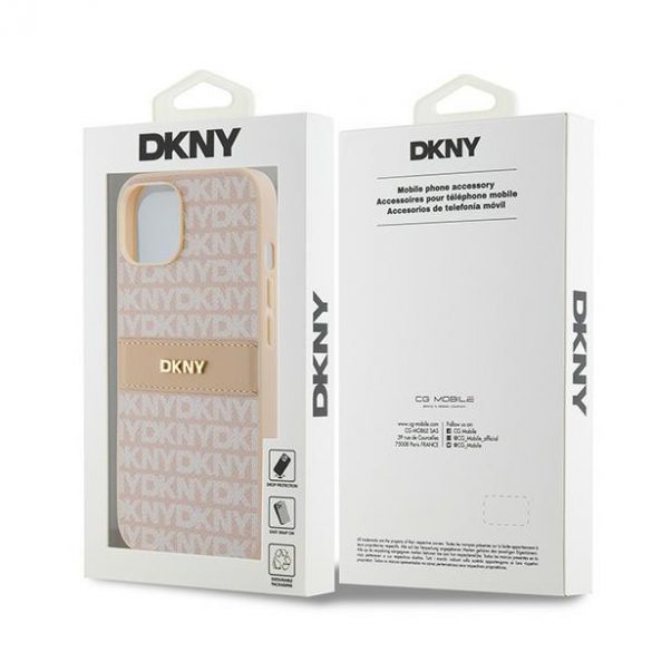 DKNY DKHCP14SPRTHSLP iPhone 14 / 15 / 13 6,1" husă rigidă rożowy/roz din piele cu dungi mono și logo metalic