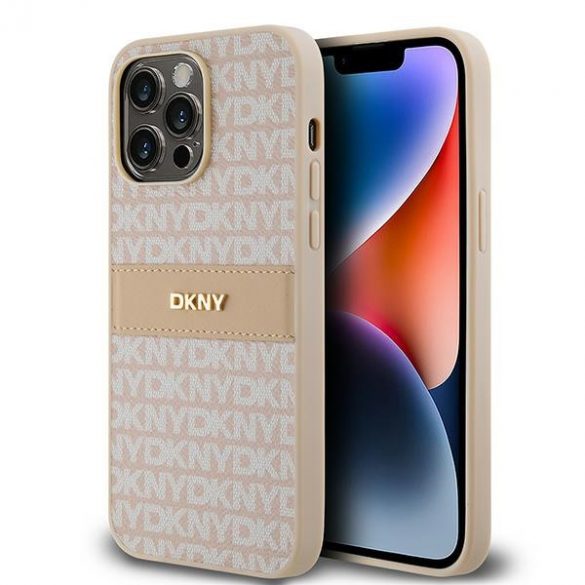 DKNY DKHCP14LPRTHSLP iPhone 14 Pro de 6,1 inchi husă rigidă din piele cu dungi mono și logo metalic