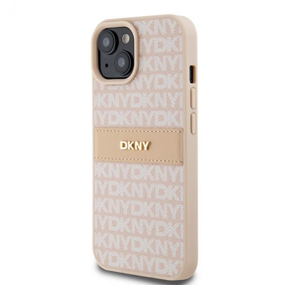 DKNY DKHCP15SPRTHSLP iPhone 15 / 14 / 13 6,1" husă rigidă rożowy/roz din piele cu dungi mono și logo metalic