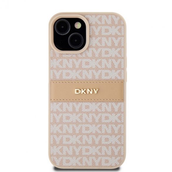 DKNY DKHCP15SPRTHSLP iPhone 15 / 14 / 13 6,1" husă rigidă rożowy/roz din piele cu dungi mono și logo metalic