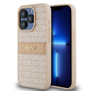 DKNY DKHCP15LPRTHSLP iPhone 15 Pro de 6,1 inchi husă rigidă din piele cu dungi mono și logo metalic