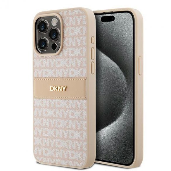 DKNY DKHCP15XPRTHSLP iPhone 15 Pro Max 6,7" husă rigidă rożowy/roz din piele cu dungi mono și logo metalic