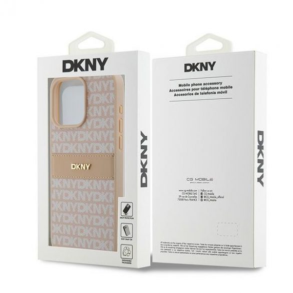 DKNY DKHCP15XPRTHSLP iPhone 15 Pro Max 6,7" husă rigidă rożowy/roz din piele cu dungi mono și logo metalic