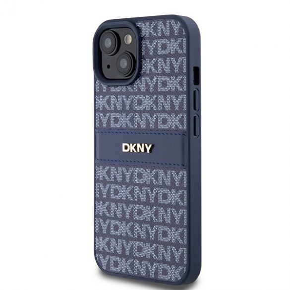 DKNY DKHCP15SPRTHSLB iPhone 15 / 14 / 13 6.1" niebieski/albastru husă rigidă din piele cu dungi mono și logo metalic