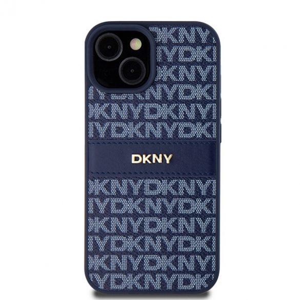 DKNY DKHCP15SPRTHSLB iPhone 15 / 14 / 13 6.1" niebieski/albastru husă rigidă din piele cu dungi mono și logo metalic