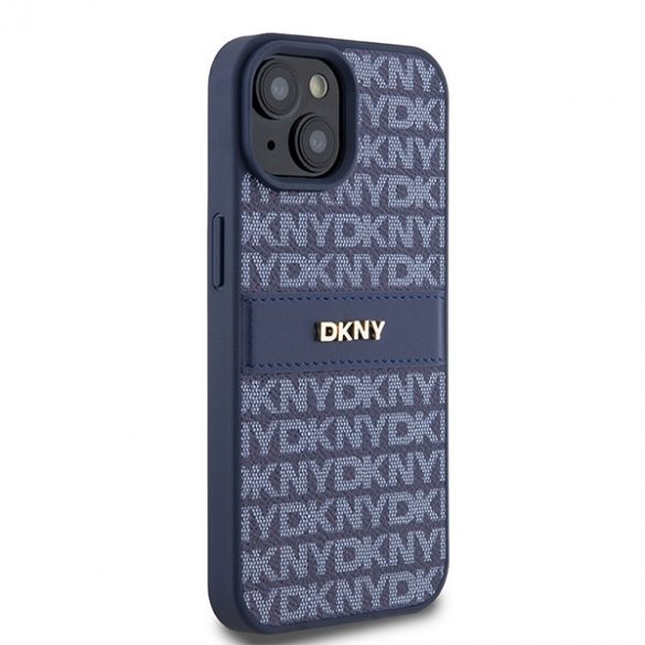 DKNY DKHCP15SPRTHSLB iPhone 15 / 14 / 13 6.1" niebieski/albastru husă rigidă din piele cu dungi mono și logo metalic