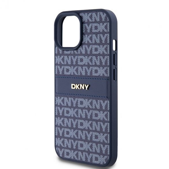 DKNY DKHCP15SPRTHSLB iPhone 15 / 14 / 13 6.1" niebieski/albastru husă rigidă din piele cu dungi mono și logo metalic