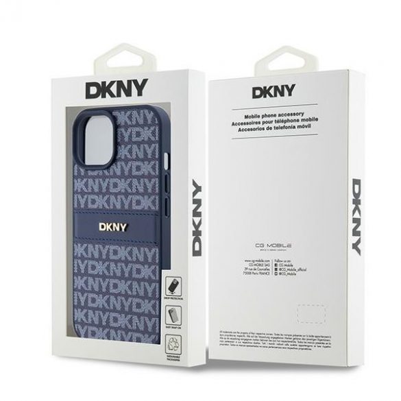 DKNY DKHCP15SPRTHSLB iPhone 15 / 14 / 13 6.1" niebieski/albastru husă rigidă din piele cu dungi mono și logo metalic