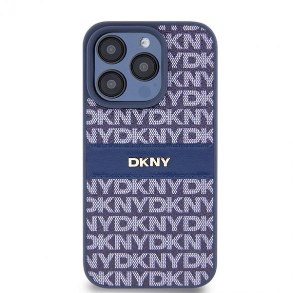 DKNY DKHCP15LPRTHSLB iPhone 15 Pro 6.1" husă rigidă neebieski/albastru din piele cu dungi mono și logo metalic