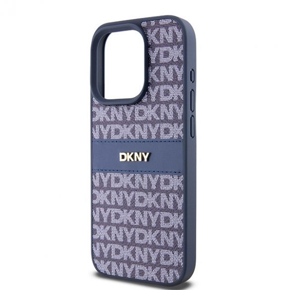 DKNY DKHCP15LPRTHSLB iPhone 15 Pro 6.1" husă rigidă neebieski/albastru din piele cu dungi mono și logo metalic