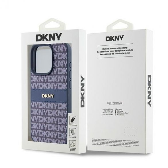 DKNY DKHCP15LPRTHSLB iPhone 15 Pro 6.1" husă rigidă neebieski/albastru din piele cu dungi mono și logo metalic