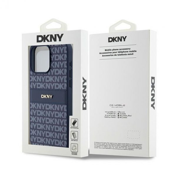 DKNY DKHCP15XPRTHSLB iPhone 15 Pro Max 6,7" niebieski/albastru husă rigidă din piele cu dungi mono și logo metalic