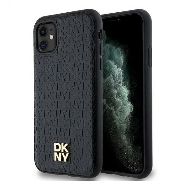 DKNY DKHMN61PSHRPSK iPhone 11 / Xr 6,1" husă rigidă, neagră/czarny, din piele, model monogramă, sigla metalică MagSafe