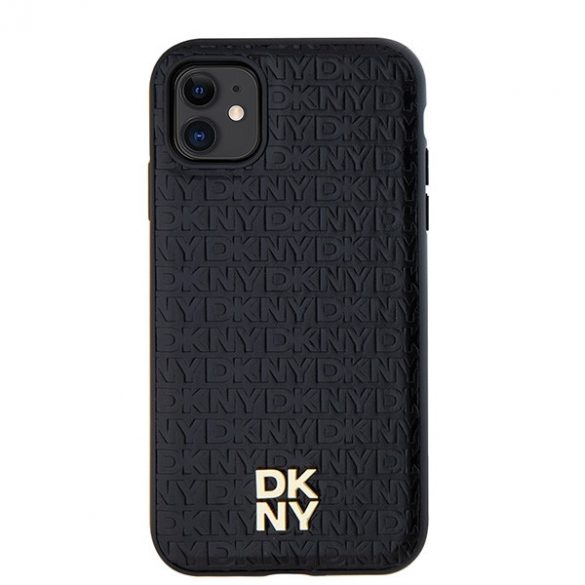 DKNY DKHMN61PSHRPSK iPhone 11 / Xr 6,1" husă rigidă, neagră/czarny, din piele, model monogramă, sigla metalică MagSafe