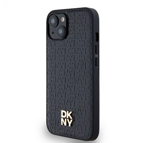 DKNY DKHMP14SPSHRPSK iPhone 14 / 15 / 13 husă rigidă czarny/negru Motiv cu monogramă din piele Logo metalic MagSafe