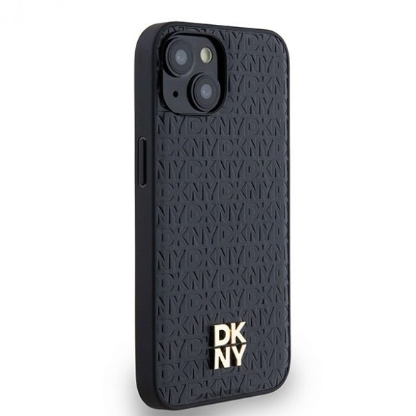 DKNY DKHMP14SPSHRPSK iPhone 14 / 15 / 13 husă rigidă czarny/negru Motiv cu monogramă din piele Logo metalic MagSafe