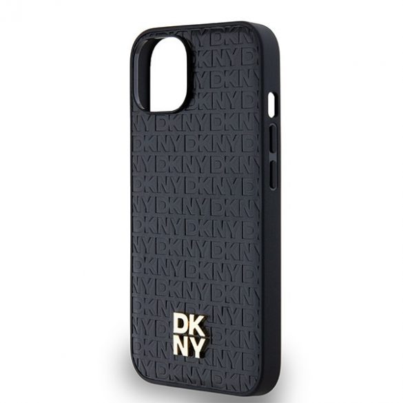 DKNY DKHMP14SPSHRPSK iPhone 14 / 15 / 13 husă rigidă czarny/negru Motiv cu monogramă din piele Logo metalic MagSafe