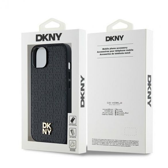 DKNY DKHMP14SPSHRPSK iPhone 14 / 15 / 13 husă rigidă czarny/negru Motiv cu monogramă din piele Logo metalic MagSafe