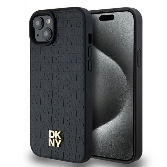 DKNY DKHMP15MPSHRPSK iPhone 15 Plus / 14 Plus 6,7" husă rigidă, neagră/czarny, din piele, model cu monogramă, sigla metalică MagSafe