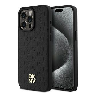 DKNY DKHMP15XPSHRPSK iPhone 15 Pro Max 6,7" carcasă rigidă/neagră din piele Motiv cu monogramă Logo metalică MagSafe