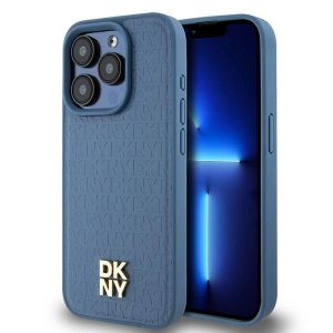 DKNY DKHMP15LPSHRPSB iPhone 15 Pro 6.1" niebieski/albastru husă rigidă din piele Motiv cu monogramă Logo metalic MagSafe