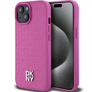 DKNY DKHMP15SPSHRPSP iPhone 15 / 14 / 13 6.1" husă rigidă rożowy/roz Motiv din piele Logo metalic MagSafe