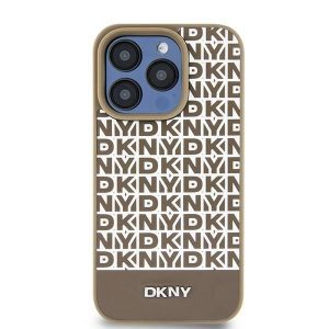 DKNY DKHMP15SPSOSPW iPhone 15 / 14 / 13 6.1" husă rigidă maro/brązowy Piele Model imprimat Logo metalic MagSafe