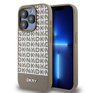 DKNY DKHMP15LPSOSPW iPhone 15 Pro 6.1" husă rigidă maro/brązowy Piele Model imprimat Logo metalic MagSafe