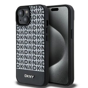 DKNY DKHMP15SPSOSPK iPhone 15 / 14 / 13 Carcasă rigidă de 6,1 inchi, neagră/czarny, model imprimat din piele, logo metalic MagSafe