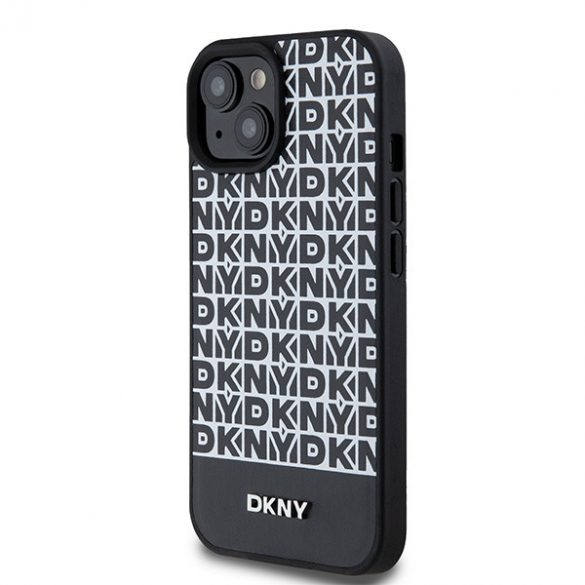 DKNY DKHMP15SPSOSPK iPhone 15 / 14 / 13 Carcasă rigidă de 6,1 inchi, neagră/czarny, model imprimat din piele, logo metalic MagSafe