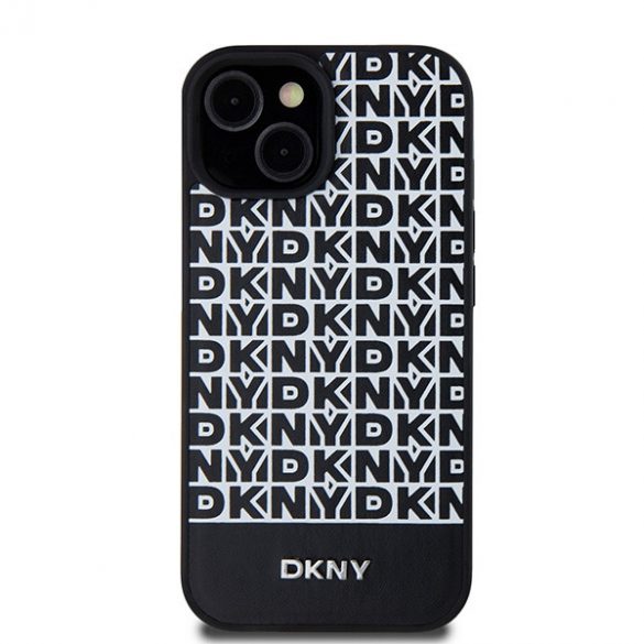 DKNY DKHMP15SPSOSPK iPhone 15 / 14 / 13 Carcasă rigidă de 6,1 inchi, neagră/czarny, model imprimat din piele, logo metalic MagSafe