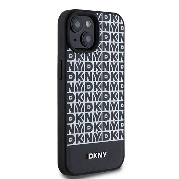 DKNY DKHMP15SPSOSPK iPhone 15 / 14 / 13 Carcasă rigidă de 6,1 inchi, neagră/czarny, model imprimat din piele, logo metalic MagSafe