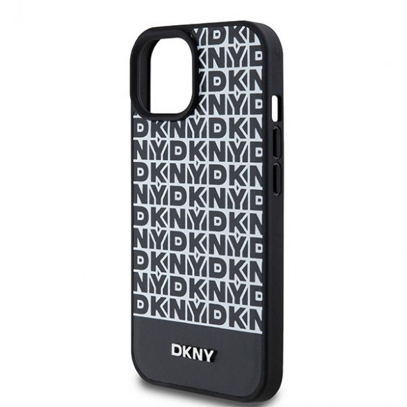 DKNY DKHMP15SPSOSPK iPhone 15 / 14 / 13 Carcasă rigidă de 6,1 inchi, neagră/czarny, model imprimat din piele, logo metalic MagSafe