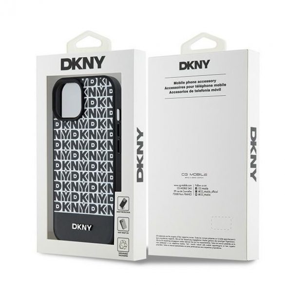 DKNY DKHMP15SPSOSPK iPhone 15 / 14 / 13 Carcasă rigidă de 6,1 inchi, neagră/czarny, model imprimat din piele, logo metalic MagSafe